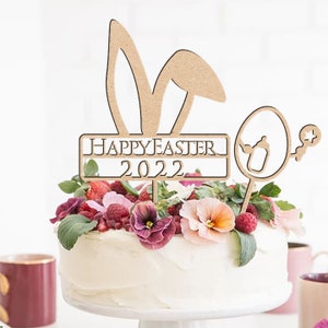 Personalized Wooden Easter Cake Topper / Custom Bunny Ears Easter Cake Topper / 2024 Happy Easter Bunny / Easter Egg Cake Topper Decor image 2