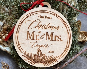 Wood Personalised Christmas Bauble 2023 . First Christmas Ornament . Wood Newlywed Ornament . Just Married Ornament . Mr and Mrs Ornament