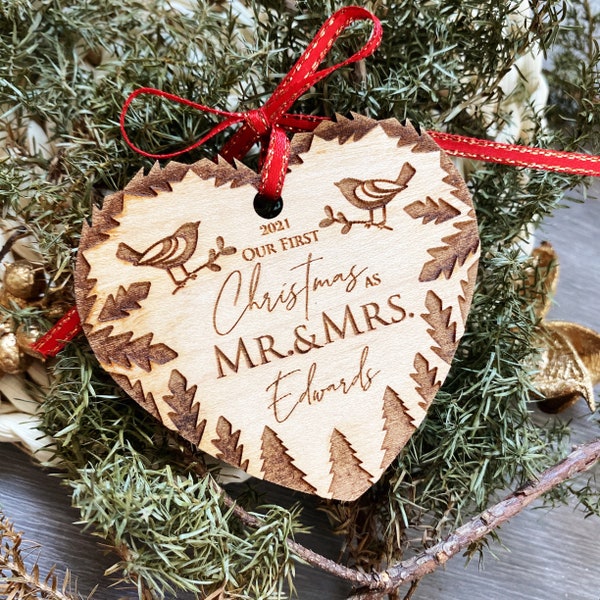 Our First Christmas Ornament . Wood Personalised Christmas Ornament 2023 . Mr and Mrs Ornament . Newlywed Ornament . Just Married Ornament