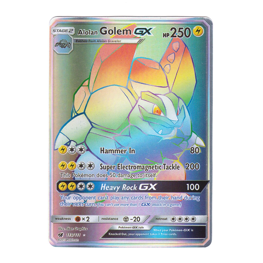 alolan golem gx pokemon card 113/111 Rainbow Hyper Secret Rare Near Mi (You cant use more than 1 GX attack in a game.) Weakness Fighting 2 Resistance Metal Lost my mind when I