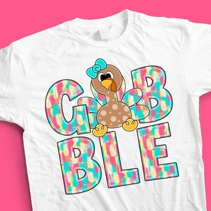 Grafica per maglietta "Gobble" del Ringraziamento: lettere con pennellate di tacchino (download digitale)
