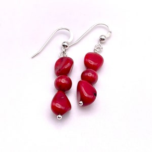 Red Coral Earrings, Red Dahlia Jewelry, Freeform Coral Earrings, Organic Gemstone