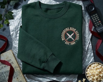 Woodsboro High School Crossed Knives Crest Embroidered Shirt, Horror Movie Sweatshirt, Slasher Hoodie, Tee, Personalized Gift with Name