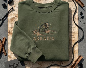 刺繍入りアラキス・サンドワーム・シャイ・フルードSFシャツ、名入れサンドワームスウェットシャツ、名前入りギフト、ミニマリストアラキスパーカー、SF