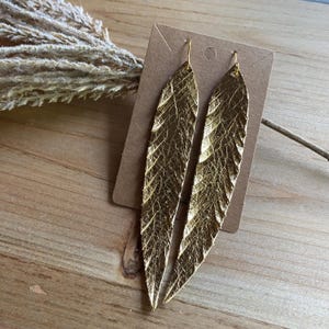 Gold Long Feather Fringe Leather Earrings