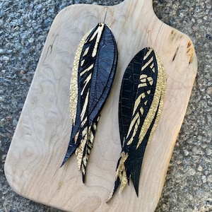 8 Layer Leather Large Statement Silver or Gold Feather Earrings