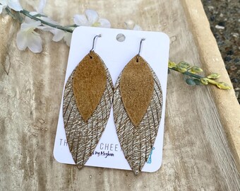 Hair Like Silver Texture over Camel Color Leather Handmade Earrings