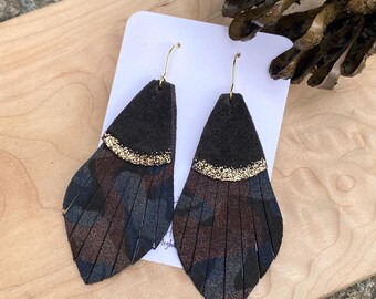 Dark Red, Navy & Black Camo Large Statement Leather Fringe Earrings