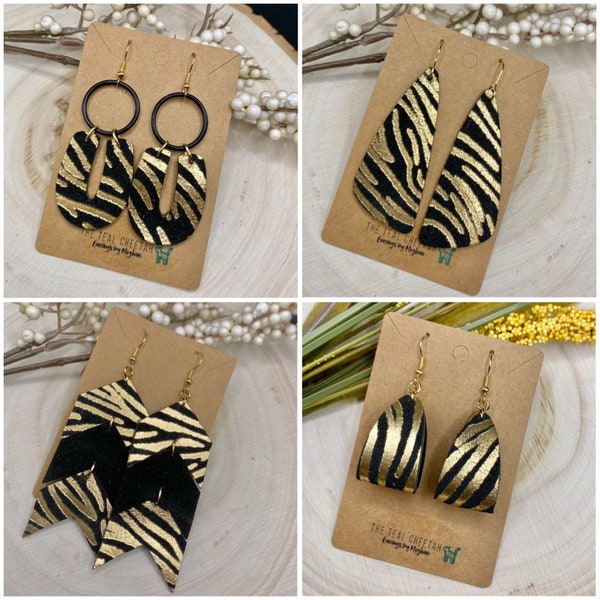 Gold Zebra on Black Leather Earrings