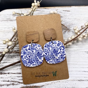 Vintage Blue & White China Cork Leather Earrings