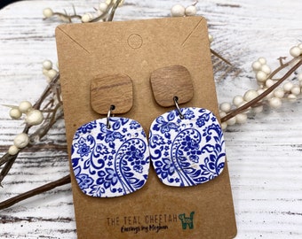 Vintage Blue & White China Cork Leather Earrings