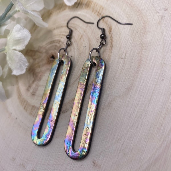 Oil Slick Cork Leather Oval Earrings