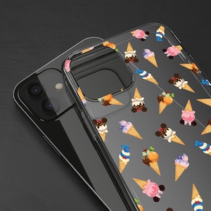 May include: A clear phone case featuring a pattern of colourful ice cream cones and cartoon characters. The case is designed to fit a smartphone.