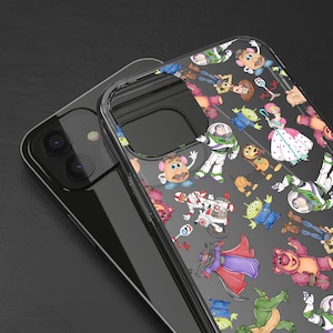 May include: A clear phone case with a colorful pattern of Toy Story characters. The characters include Woody, Buzz Lightyear, Jessie, Mr. Potato Head, and more.