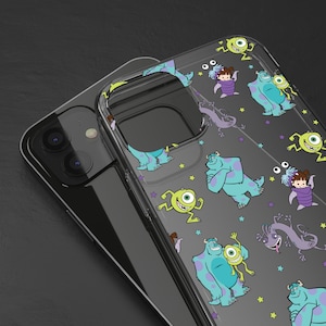 May include: A clear phone case with a pattern of characters from the movie Monsters Inc. The characters include Sully, Mike, Boo, and Randall. The case is designed for a smartphone with a camera bump.