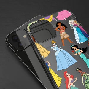 May include: Clear phone case featuring colorful illustrations of various Disney princesses. The princesses are depicted in their iconic outfits, including Cinderella in a blue gown, and Ariel with red hair. The case is designed to fit a smartphone.