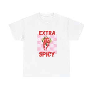 Extra Spicy Chili Peppers Tee | Pink Checkerboard, Hot Sauce Graphic