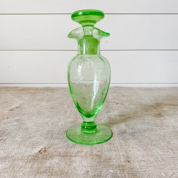 Vintage Green Uranium Glass Cruet | Etched Oil & Vinegar Bottle