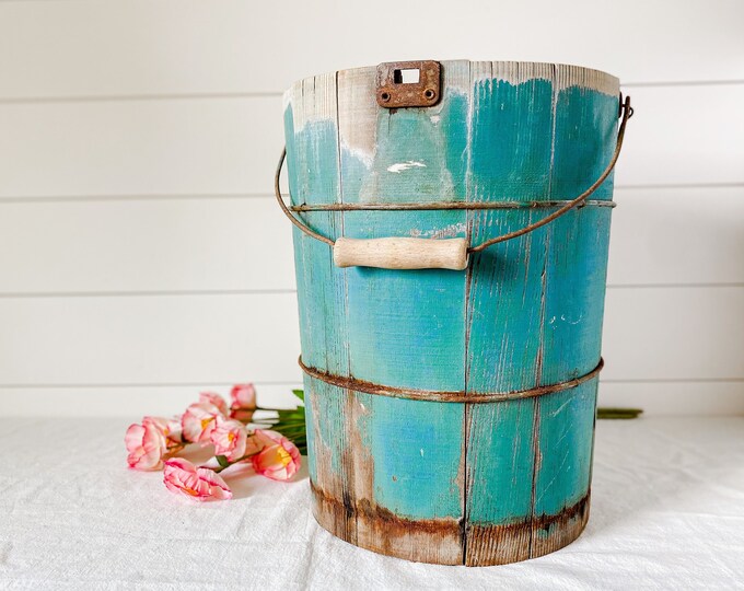 Antique Teal Green Ice Cream Bucket, Vintage Rusty Crusty Wooden Churn