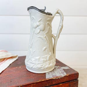 Antique Parian Palm Trees Relief 7.5&quot; Syrup Pitcher with Pewter Lid