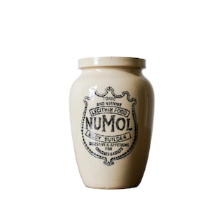 May include: Cream-colored ceramic jar with a rounded body and a small, cylindrical neck. The jar features a black and white label with the word "NUMOL" and text that reads "Tonic and Nerve Food, Body Builder, Digestive & Appetizing for Children & Gadgets."