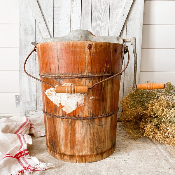 Vintage Wood Ice Cream Bucket with White Mountain Churn | Rustic Farmhouse Decor