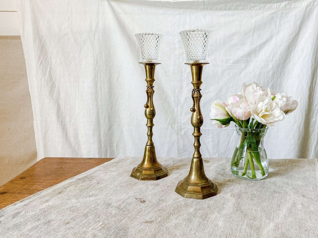 Vintage Pair of Brass Candle Holders With Rope Tassels and Clear Bubble