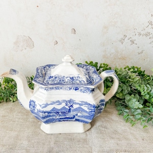 Antique Ironstone Blue Transferware Teapot (Unmarked)
