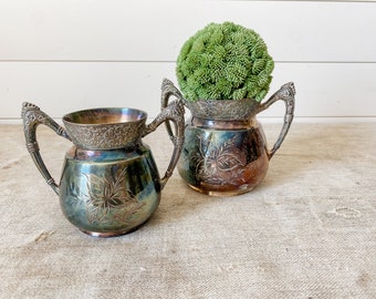 Set of Two Antique Etched Silverplate Sugar Bowls with Trophy Handles