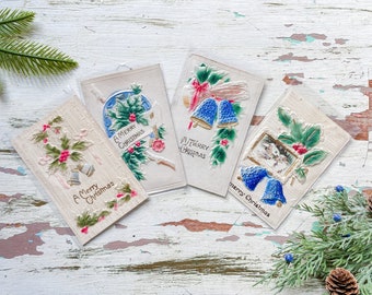 Set of 4 Antique Christmas Cards, Embossed Gold White and Blue Holiday Postcards, Vintage Scrapbooking Ephemera, Dinner Place Cards