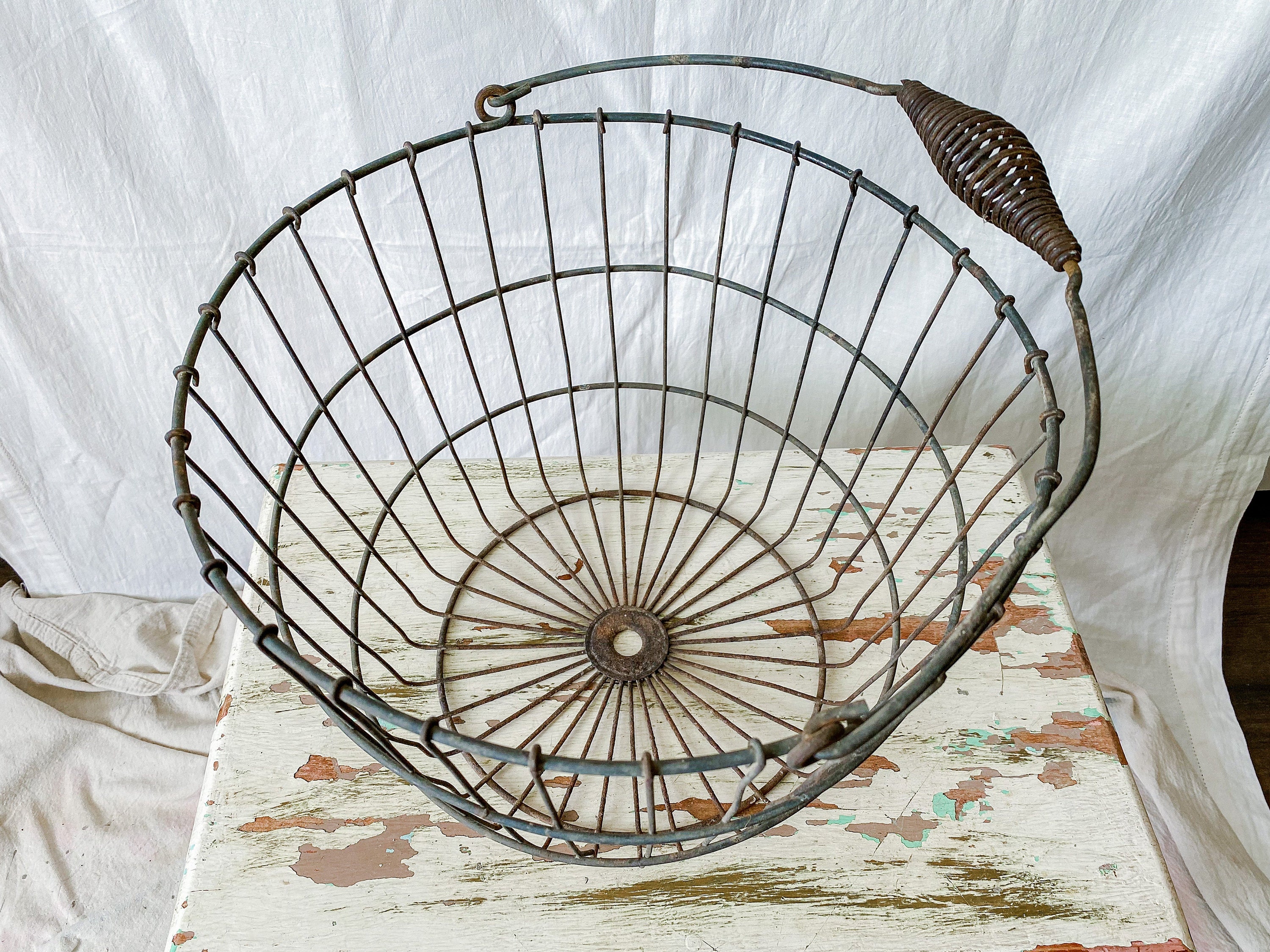 Antique Large 11 Metal Wire Egg Basket With Coil Handle Etsy