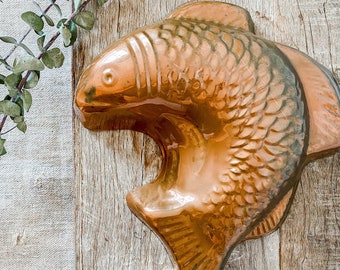 Vintage Copper Mold, Leaping Fish Shaped Hanging Round Gelatin Mold, Nautical Kitchen Decor, Coastal Cottage Farmhouse Decor, French Country