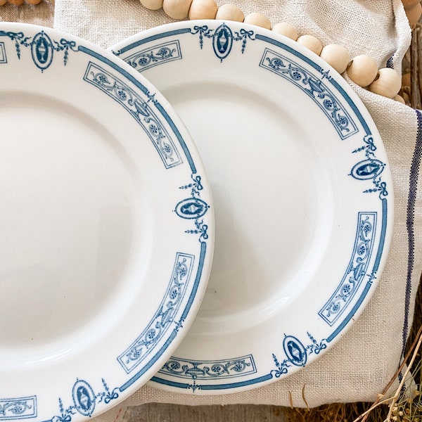 Vintage Set of 2 Blue and White Art Deco Plates | Scammell's Trenton China 9" Dinner Plates | c1930 Restaurant Ware