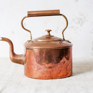 May include: A copper kettle with a curved spout, a lid, and a handle. The kettle has a shiny, reddish-brown finish and sits on a neutral-colored surface. The handle is made of a darker copper material.