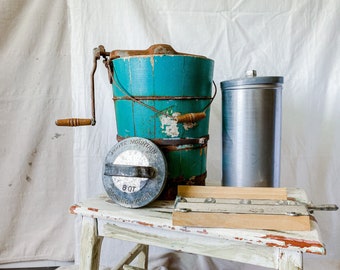 Antique Teal Green Chippy Wood Ice Cream Bucket with Churn Bucket and Cast Iron Crank Handle | Rustic Farmhouse Decor