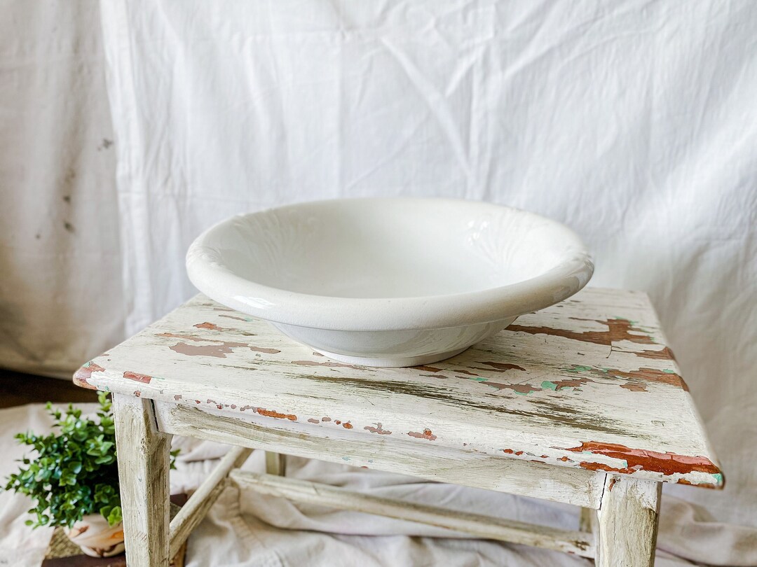 Antique Ironstone Wash Basin Large Decorative White Bowl Rustic