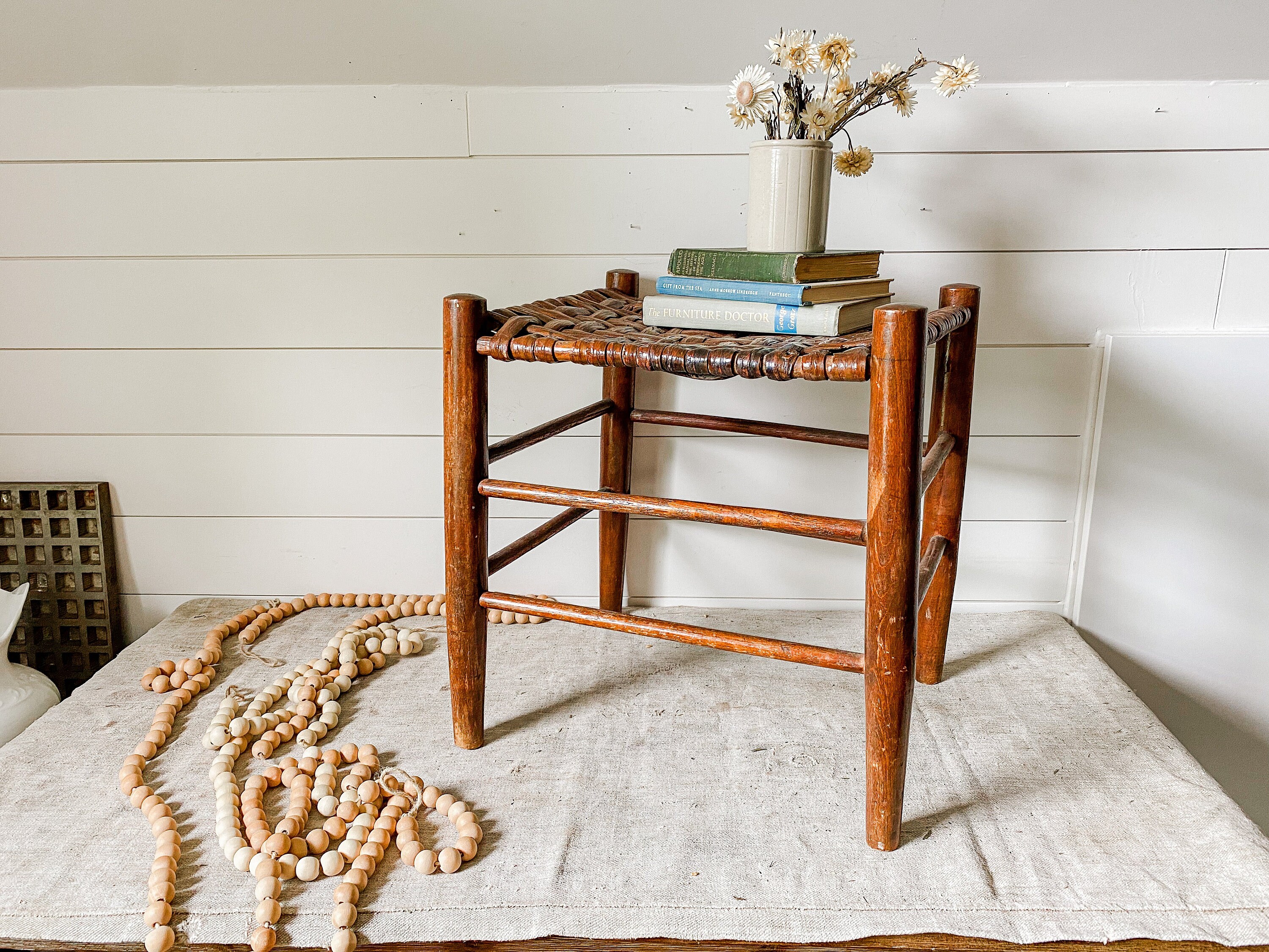 Vintage Handmade Shaker Style 18 Tall Stool With Woven Split Wood