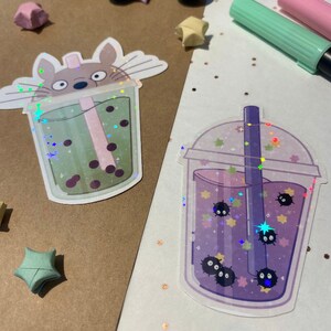 Holographic Bubble Tea Anime Sticker Set Illustration - Handmade Water Resistant Vinyl Stickers Glossy - Lumiinae