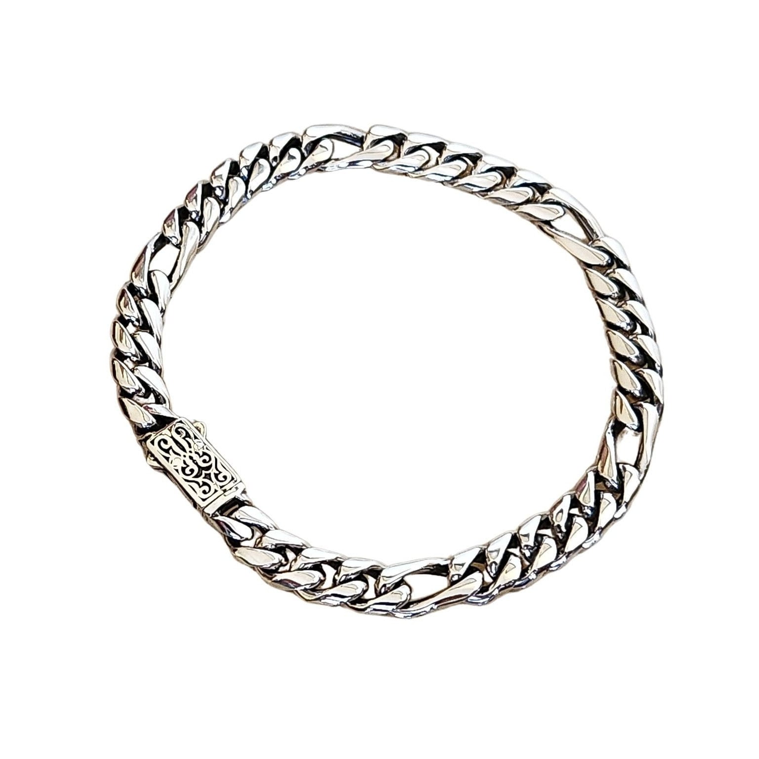 Handmade Figaro Chain Bracelet in 925 Sterling Silver,solid