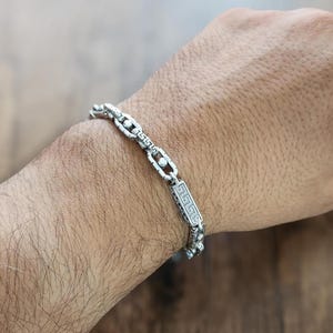 Unique Anchor Chain Bracelet in 925 Sterling Silver,Cable Link Chain Bracelet with Exquisite Greek Key Design,Textured Chain Bracelet