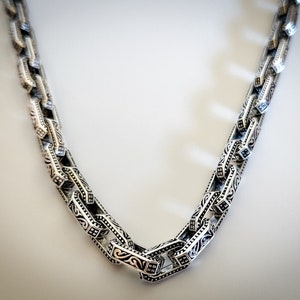 Mens Oxidised Cable Chain Necklace,925 Sterling Silver,6.7mm Wide,18" to 28",Intricate Design,Solid Silver Chain Link Necklace