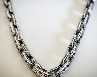 Unique Mens Oxidised Silver Necklace: Sterling Silver Cable Chain with Intricate Design-Mens One-of-a-Kind Solid Silver Jewelry