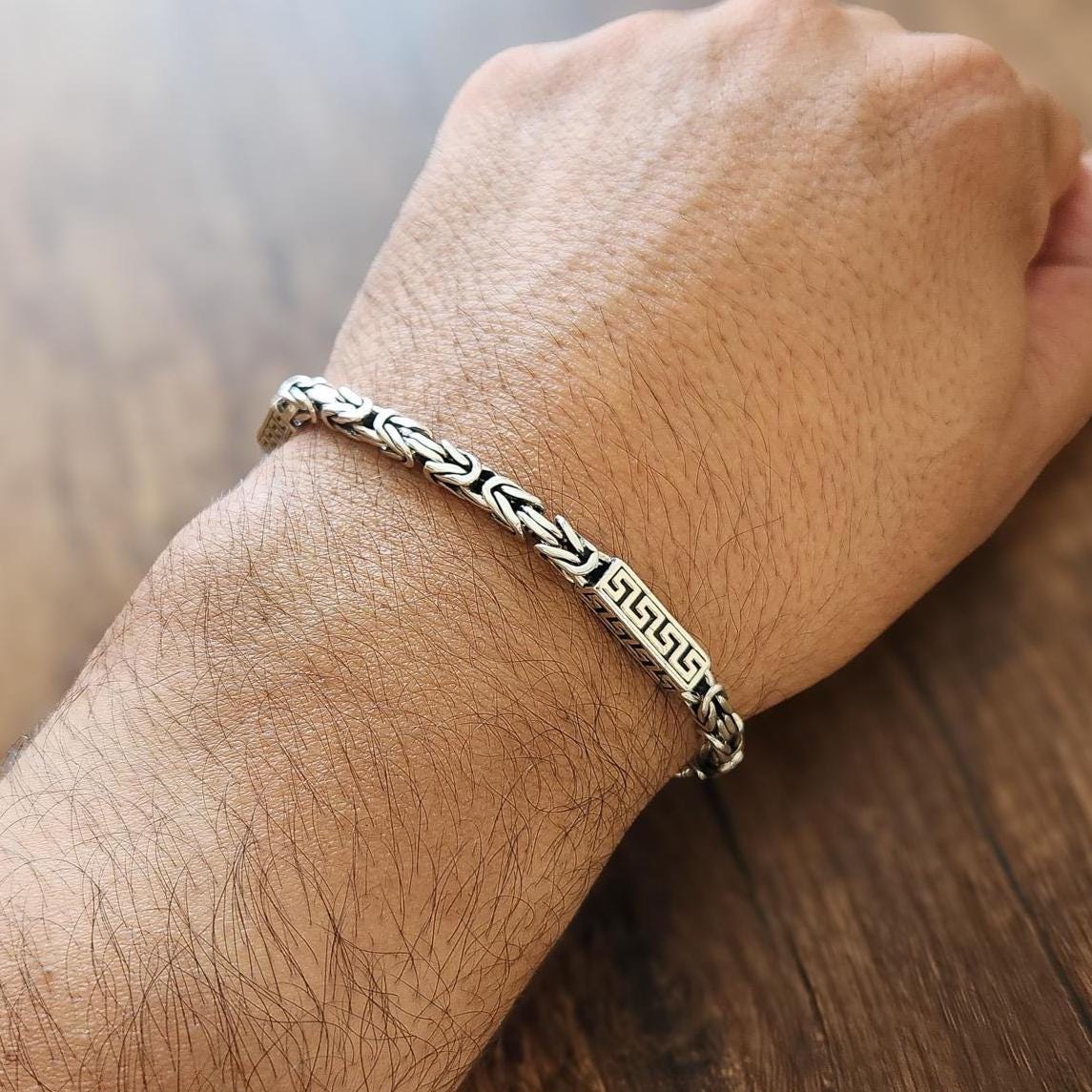 Square Byzantine Sterling Silver Bracelet, Greek Key Chain for Men