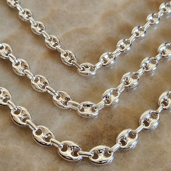 Elegant Sterling Silver Anchor Chain Necklace with Puff Mariner Links - Nautical Statement Piece-Trendy and Versatile Jewelry