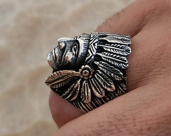 Pierścień z wodzem indiańskim w litym srebrze próby 925, biżuteria rdzennych Amerykanów w stylu południowo-zachodnim, pierścionek z oksydowanego srebra, pierścionek etniczny z teksturą