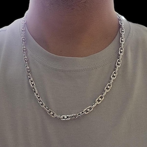 Unique Anchor Chain Necklace in 925 Sterling Silver,6mm,Textured Chain Necklace,Exquisite Greek Key Design,Cable Chain Necklace for Men