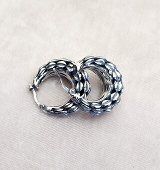 Amberta Orecchini Tribali Bali In Argento Sterling 925, Cerchio 15 Mm Con Motivo A Nodi, Finitura Ossidata Vintage, Donna