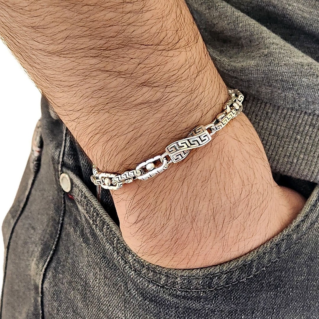 Unique Anchor Chain Bracelet With Exquisite Greek Key Pattern,925 Sterling Silver,oxidised Silver Bracelet,real Gold Plated,6.3mm - Etsy Unique Anchor Chain Bracelet With Exquisite Greek Key Pattern,925 Sterling Silver,oxidised Silver Bracelet,real Gold Plated,6.3mm - Etsy