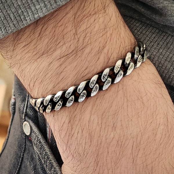 Solid Silver Curb Chain Bracelet with Unique Intricate Design - Sterling Silver Jewelry-Bold Cuban Link Bracelet for Men-Statement Accessory