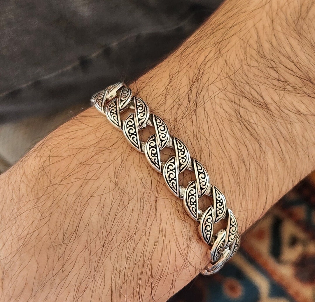 Mens Elegant Oxidized Silver Curb Chain Bracelet 925 Sterling Silver Intricate Wide Band Design-unique Statement Jewelry - Etsy Mens Elegant Oxidized Silver Curb Chain Bracelet 925 Sterling Silver Intricate Wide Band Design-unique Statement Jewelry - Etsy